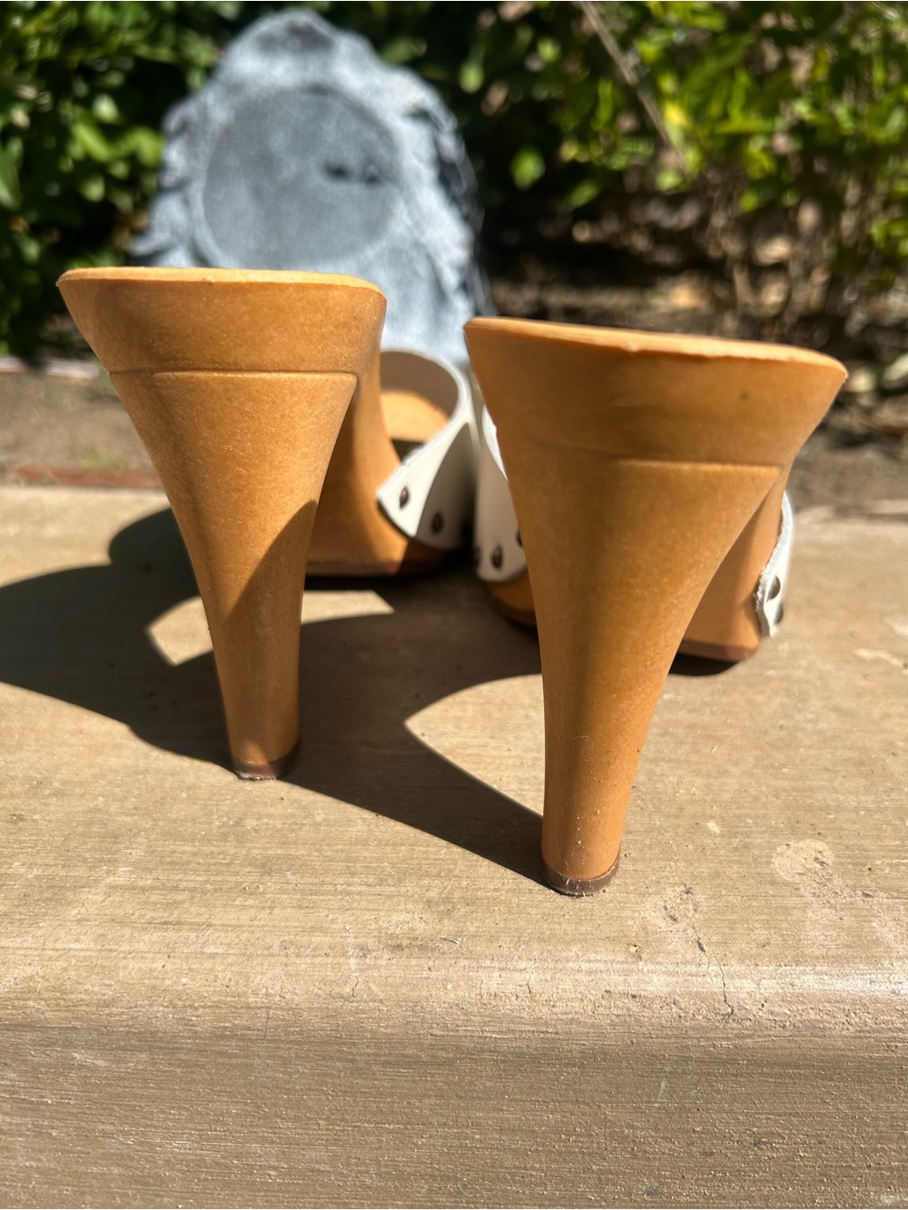 Candie's Cream Leather Slip-On Mule Heels with Wood-Look Heel - Picture 6 of 7